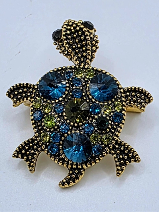 Jewelry - 🐢 Blue Green Crystal Sea Turtle Brooch Pin Gold Tone Rhinestone Ocean Jewelry